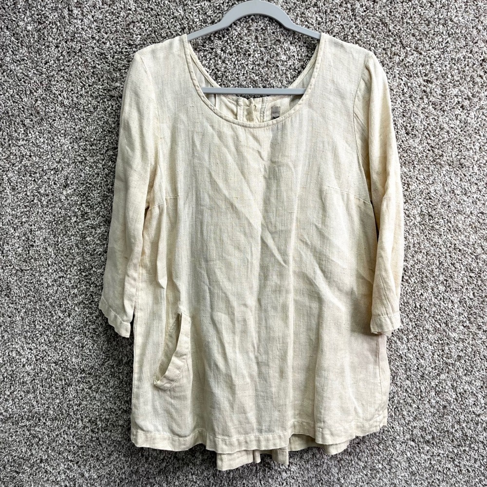 FLAX Top Women's Small Beige 100% Linen 3/4 Sleeve Pocket Back Button Tunic